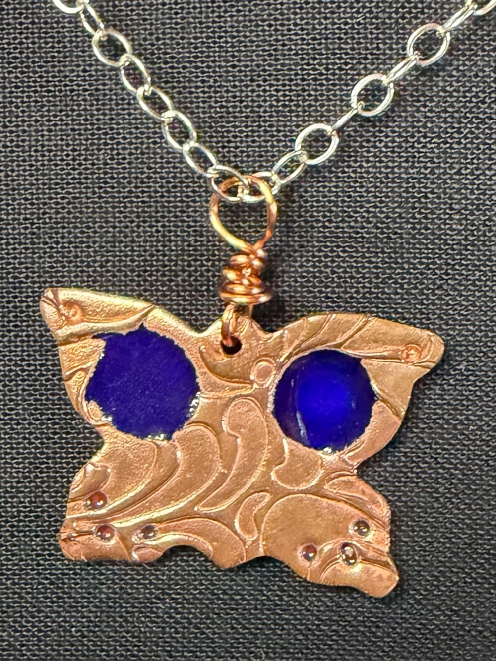 Copper Blue Enamel Butterfly Sterling Silver Artisan Crafted Necklace - Picture 7 of 8